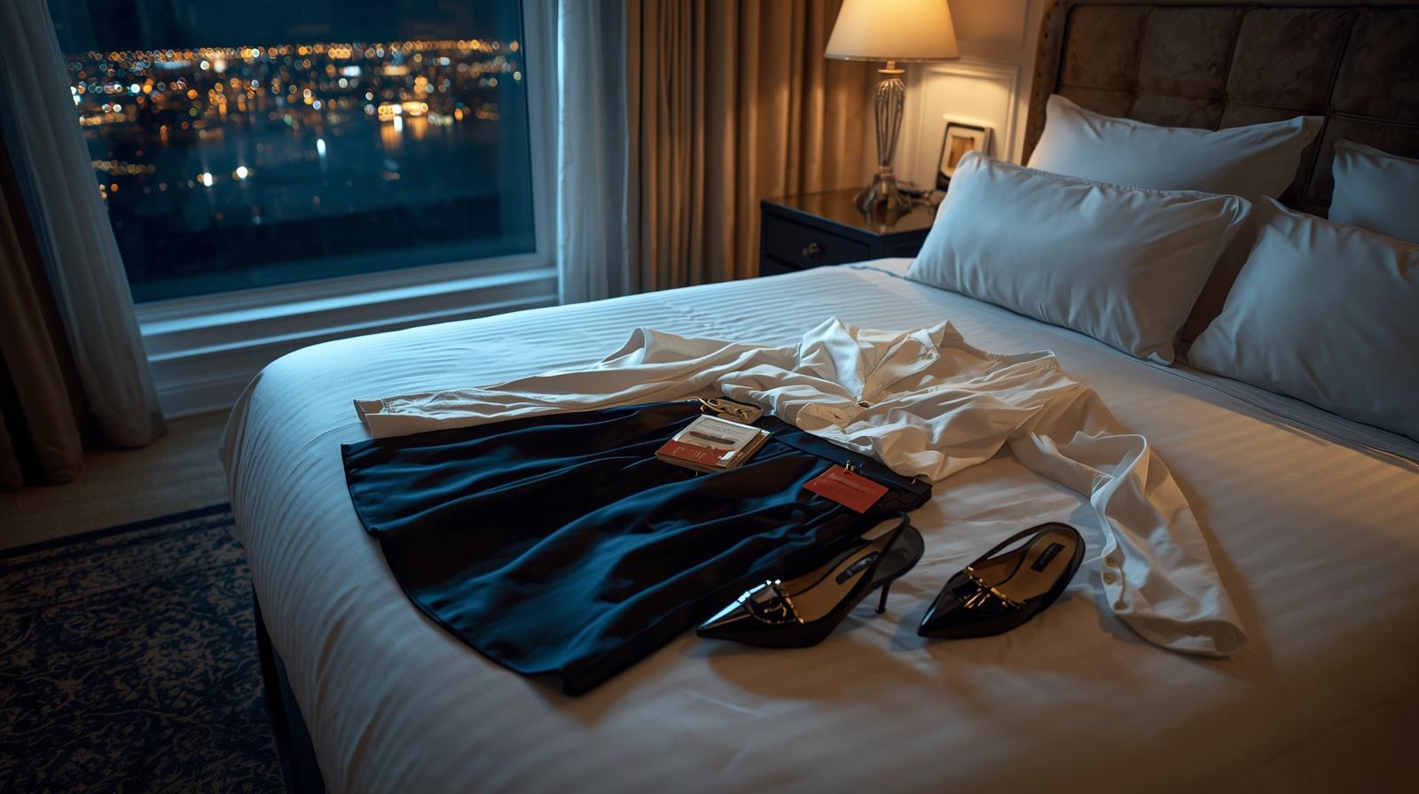 A bedroom at night new clothes laid