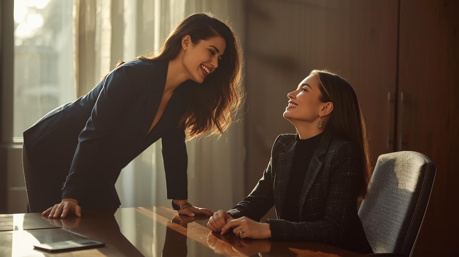 Two women in office - one leaning toward the other